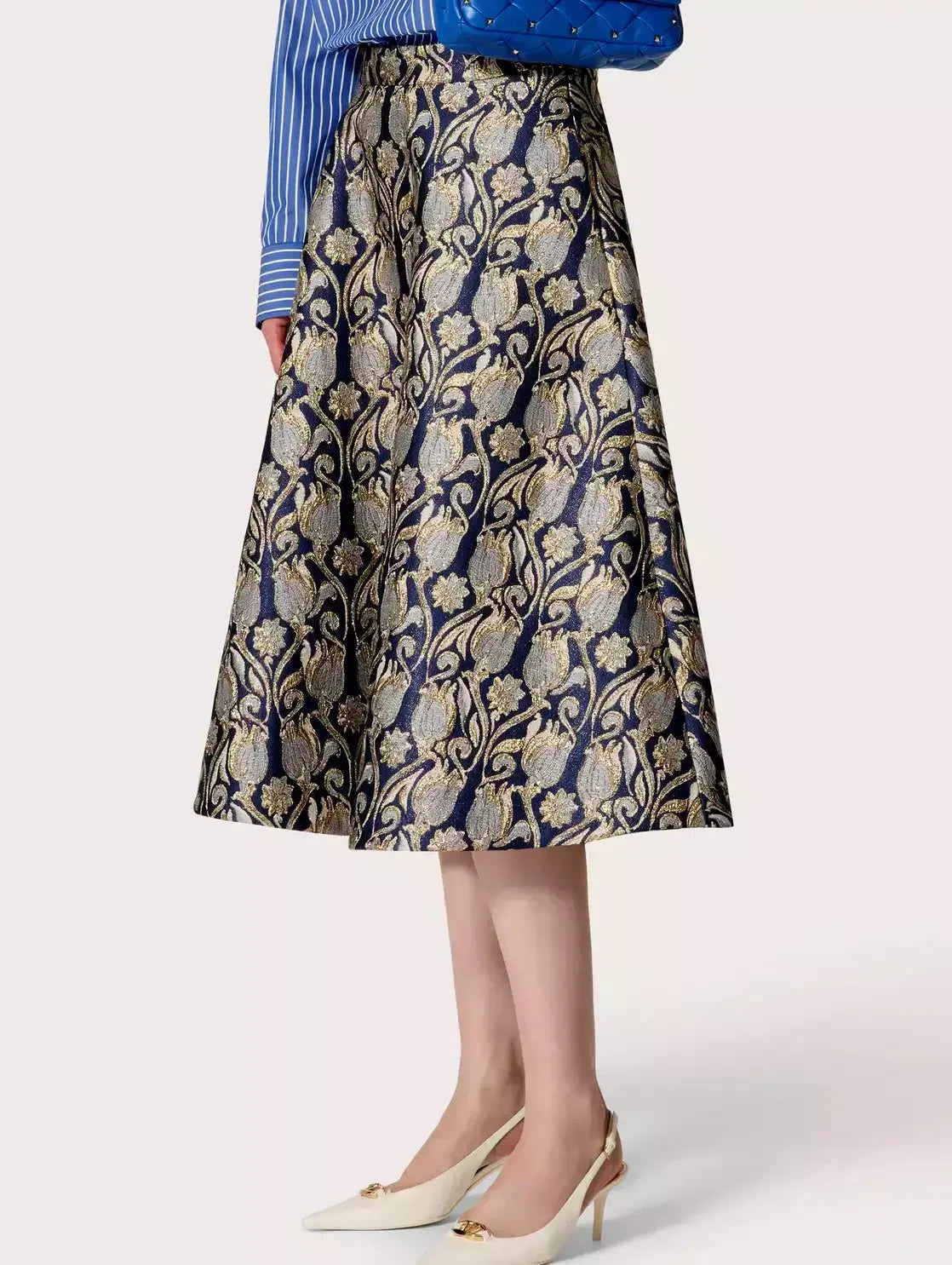 A-Line Tulips Brocade Midi Skirt - Skirts