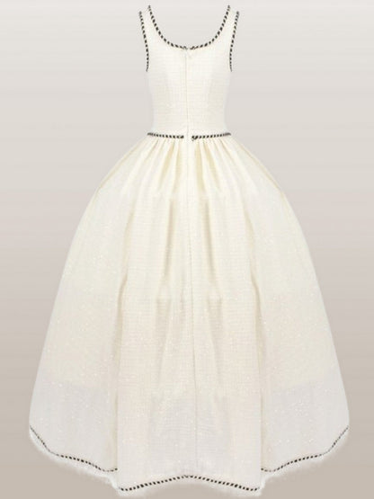 A-line Tweed Fringed Sleeveless Gown with Crinoline - Dresses