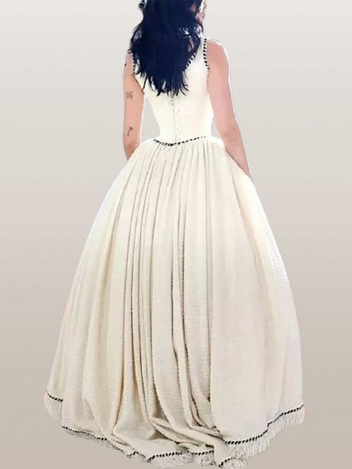 A-line Tweed Fringed Sleeveless Gown with Crinoline - Dresses