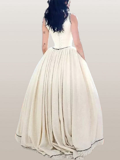 A-line Tweed Fringed Sleeveless Gown with Crinoline - Dresses