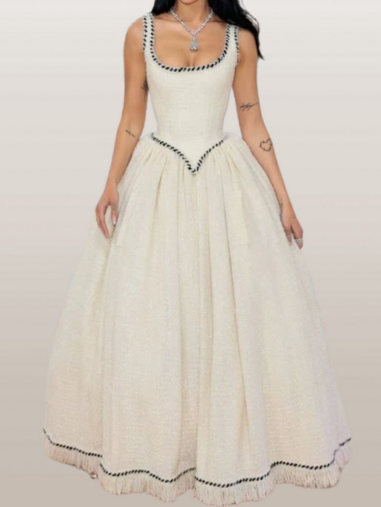 A-line Tweed Fringed Sleeveless Gown with Crinoline - Dresses