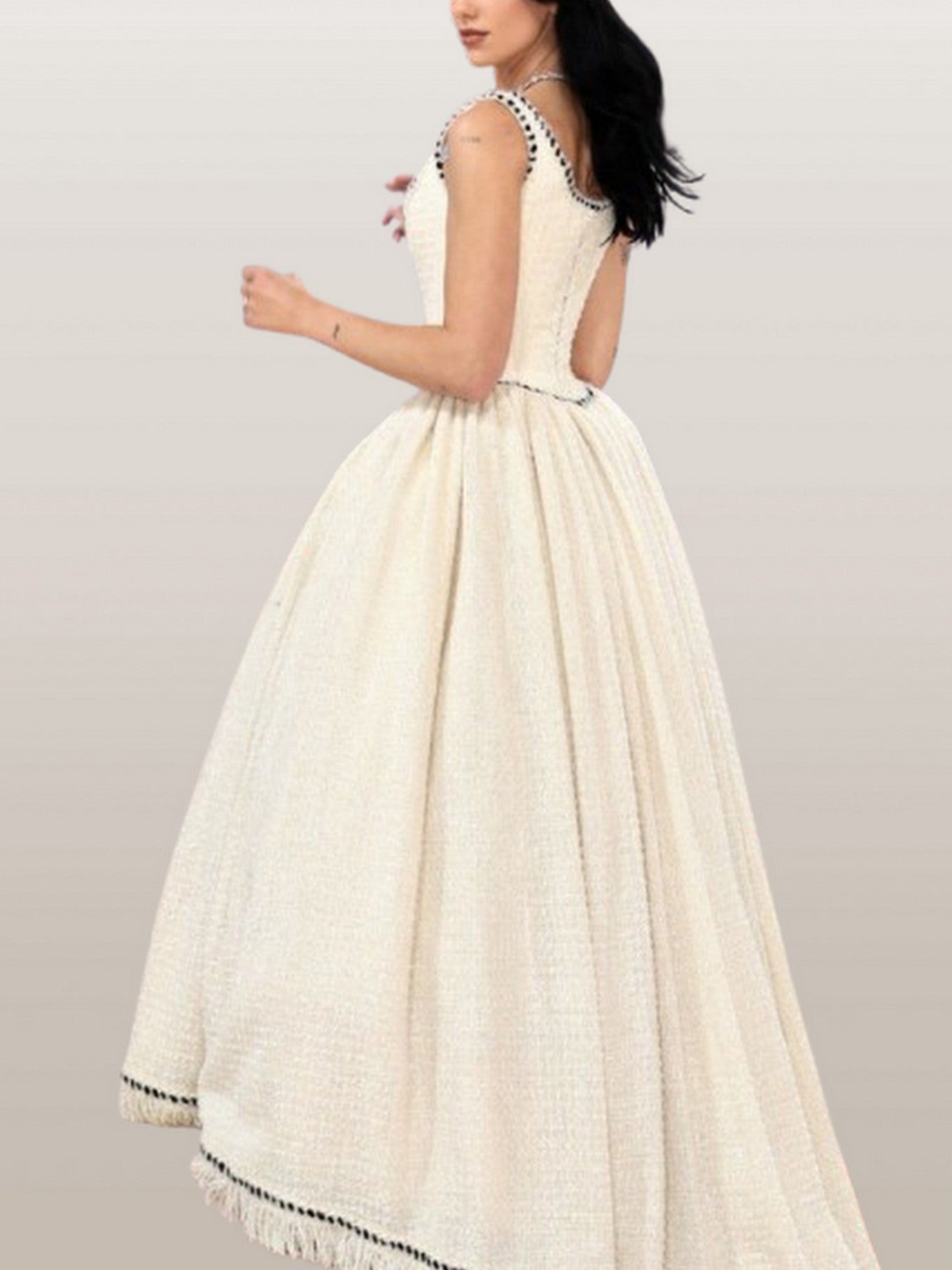 A-line Tweed Fringed Sleeveless Gown with Crinoline - Dresses