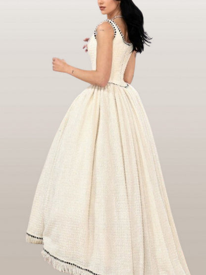 A-line Tweed Fringed Sleeveless Gown with Crinoline - Dresses