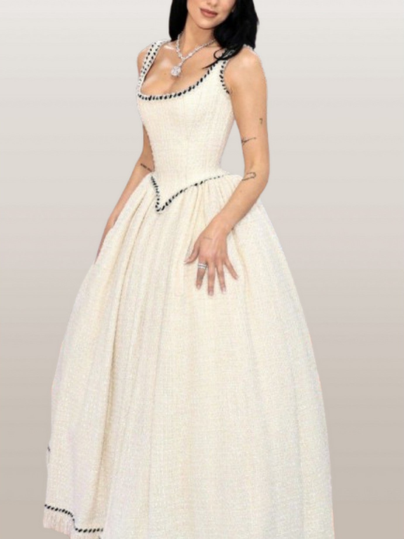 A-line Tweed Fringed Sleeveless Gown with Crinoline - Dresses