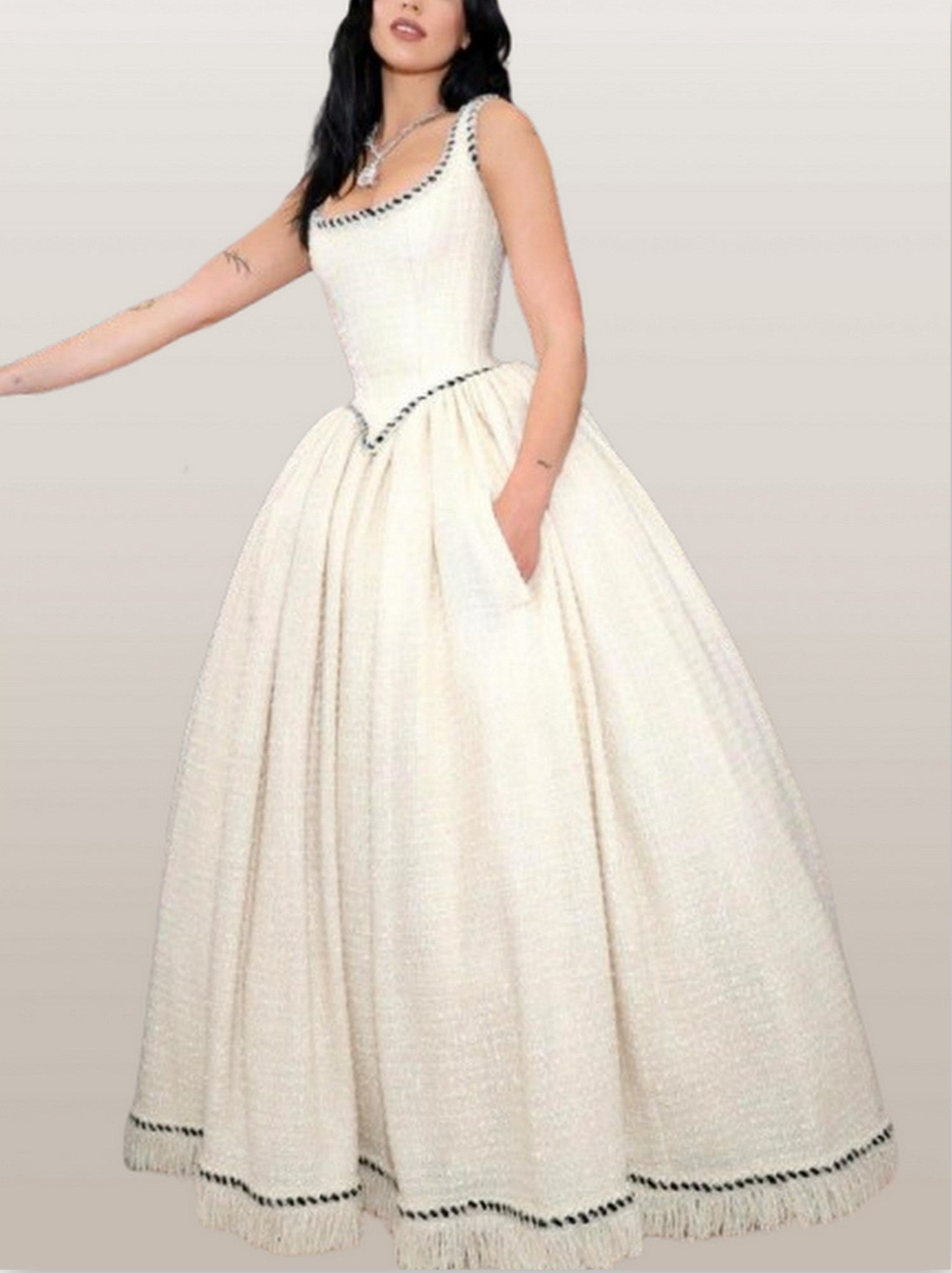 A-line Tweed Fringed Sleeveless Gown with Crinoline - Dresses