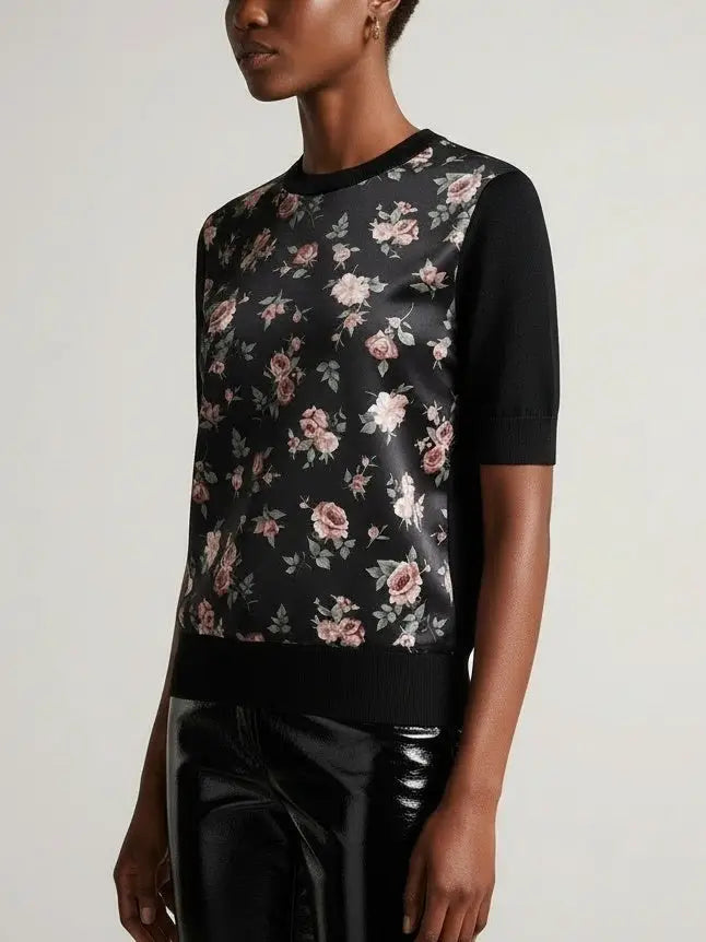 Black Silk Knit Top with Printed Roses - Tops