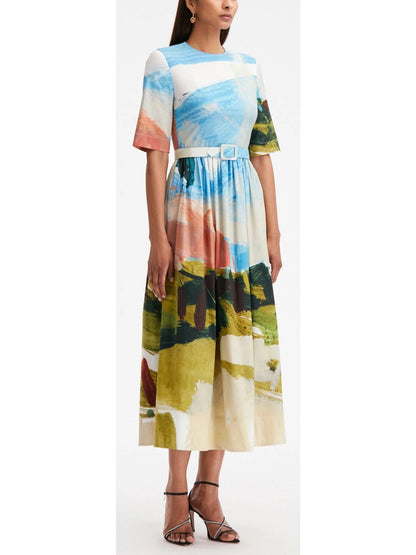 Abstract Landscape Cotton Poplin Dress - Dresses