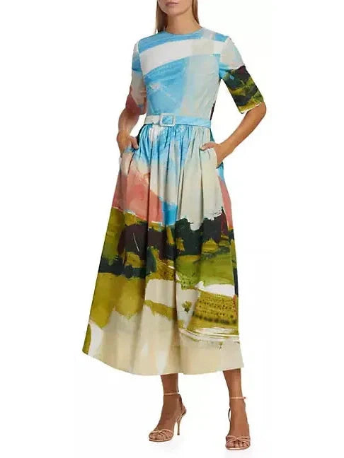 Abstract Landscape Cotton Poplin Dress - Dresses