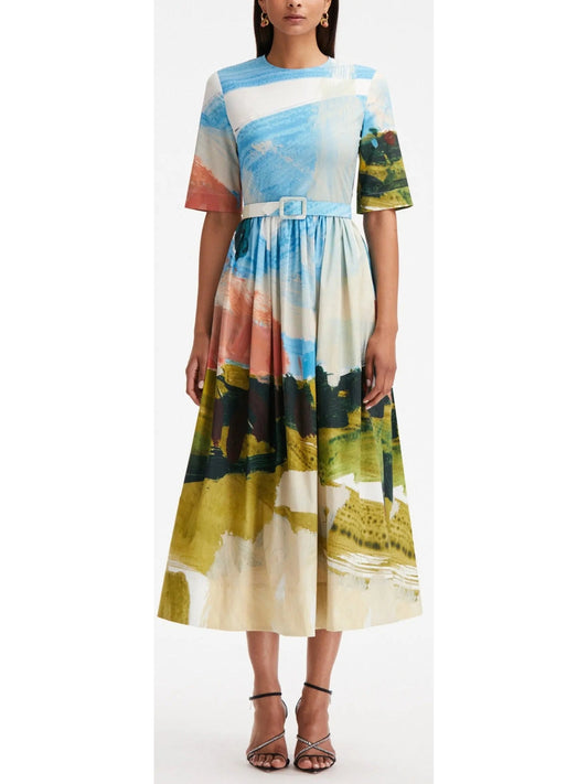 Abstract Landscape Cotton Poplin Dress - small - Dresses