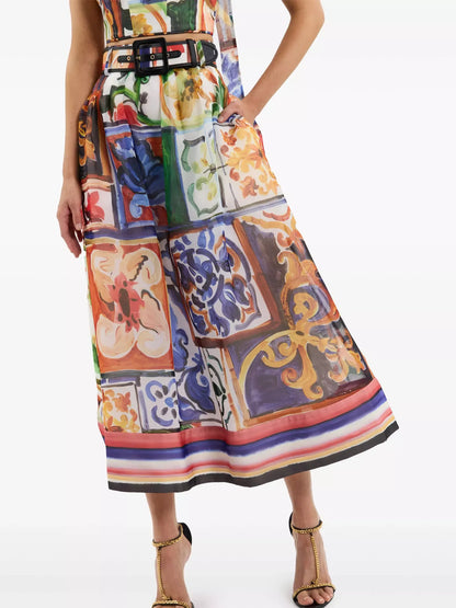 Abstract Multicolored Print Midi-Skirt - Skirts