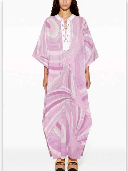 Pink patterned Abstract Print Lace-Up Kaftan Dress for stylish summer wear