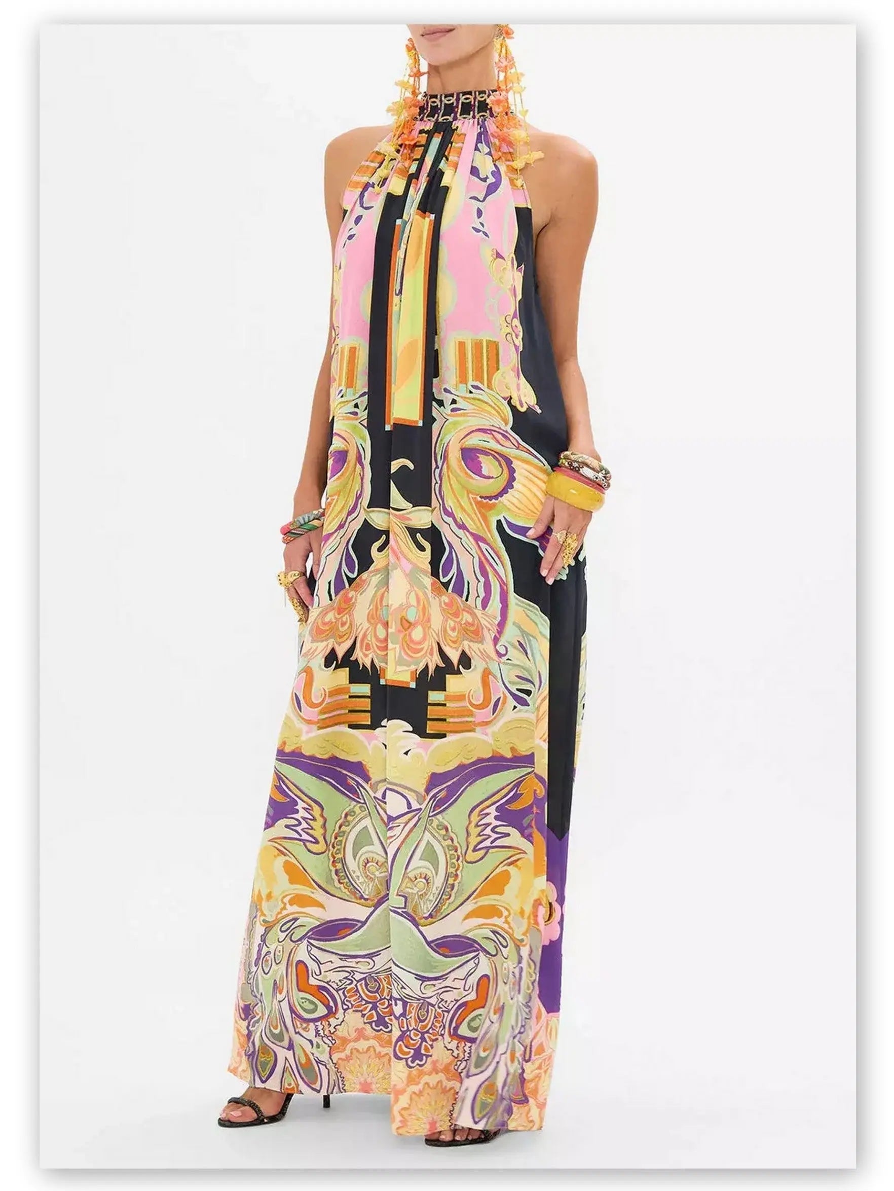 Abstract Printed Halter Tie-Neck Long Silk Dress - Dresses