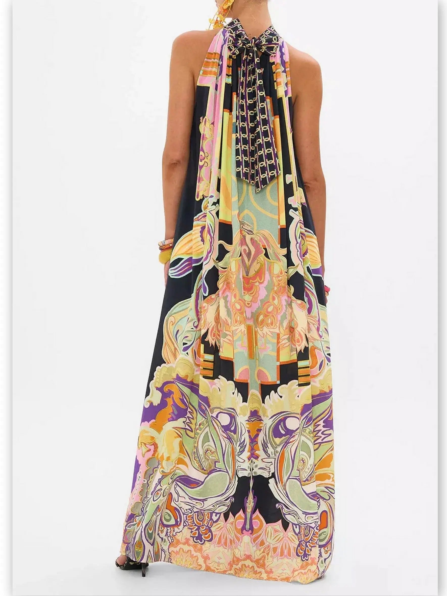 Abstract Printed Halter Tie-Neck Long Silk Dress - Dresses