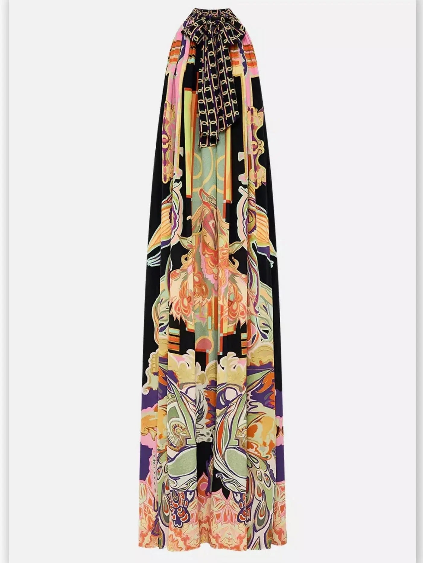 Abstract Printed Halter Tie-Neck Long Silk Dress - Dresses