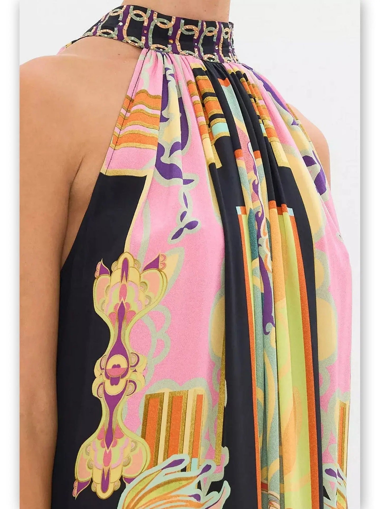 Abstract Printed Halter Tie-Neck Long Silk Dress - Dresses