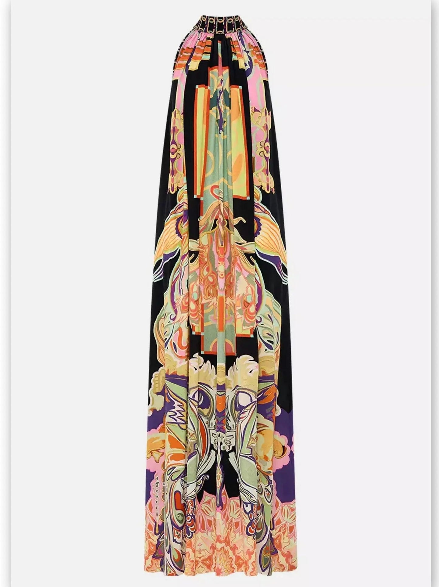 Abstract Printed Halter Tie-Neck Long Silk Dress - Dresses