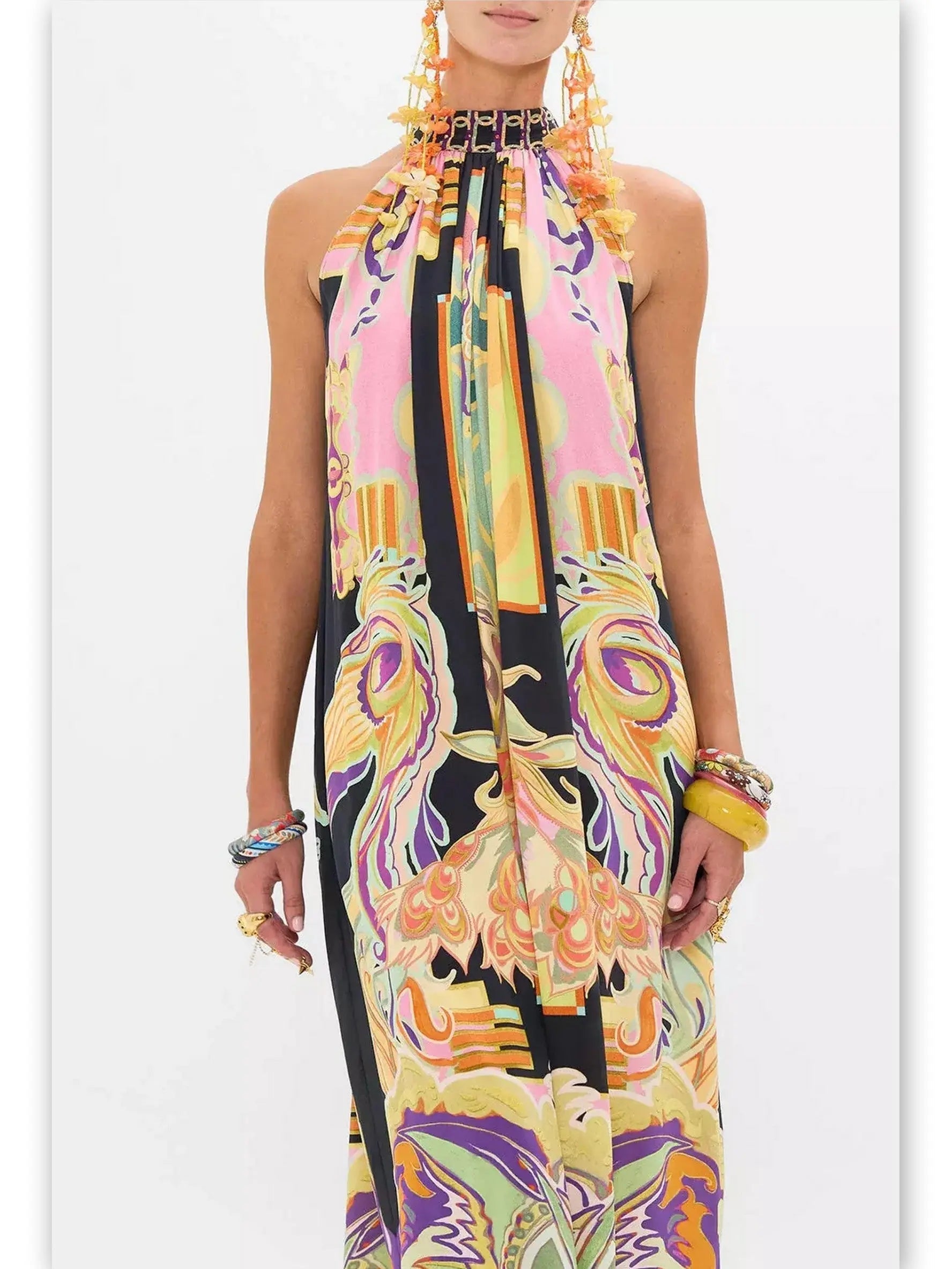 Abstract Printed Halter Tie-Neck Long Silk Dress - Dresses