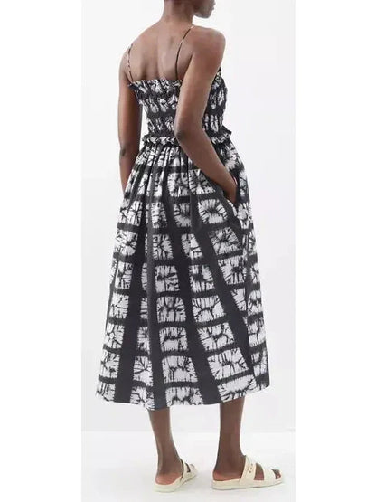 Abstract-Printed Sleeveless Cotton Midi Dress in Black and White - Dresses