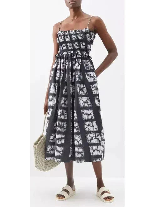 Abstract-Printed Sleeveless Cotton Midi Dress in Black and White - Dresses