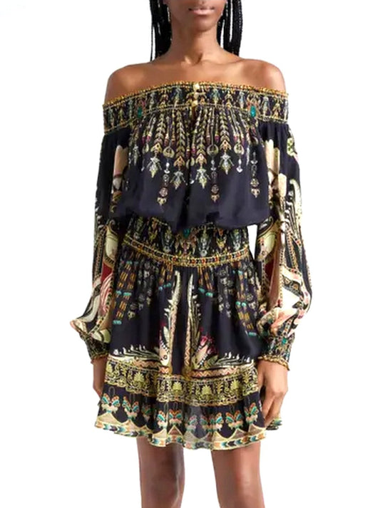 Black patterned off-the-shoulder dress featuring stylish Ancient Egyptian print design