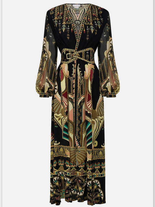 Black patterned maxi dress with belt, featuring Ancient Egyptian print silk design
