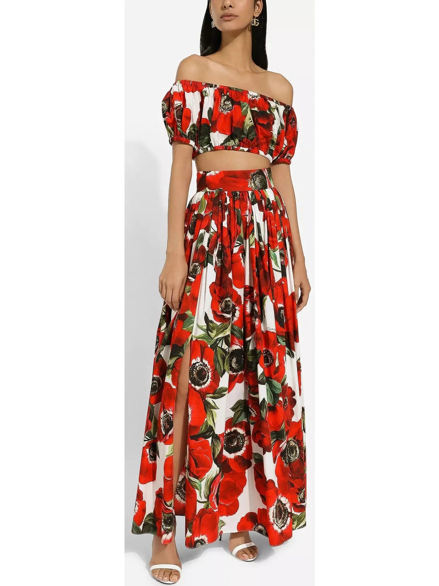 Anemone Floral Printed Cotton Poplin Bardot-Neck Crop Top and Maxi Skirt Set - Suits & Sets