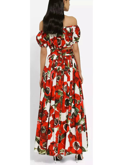 Anemone Floral Printed Cotton Poplin Bardot-Neck Crop Top and Maxi Skirt Set - Suits & Sets