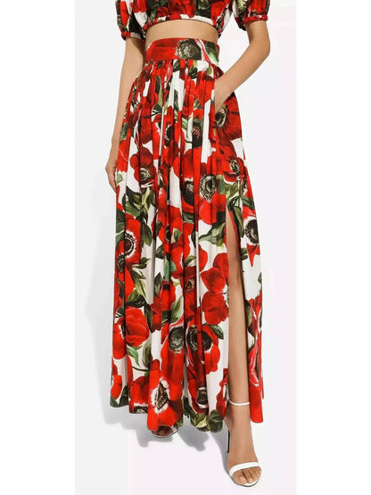 Anemone Floral Printed Cotton Poplin Bardot-Neck Crop Top and Maxi Skirt Set - Suits & Sets