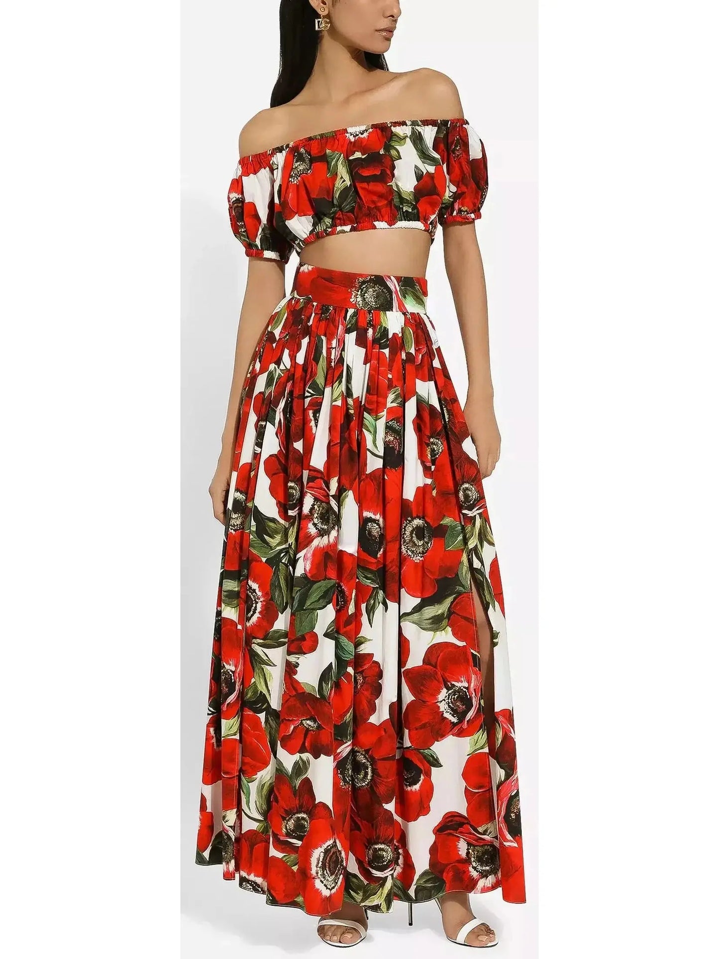 Anemone Floral Printed Cotton Poplin Bardot-Neck Crop Top and Maxi Skirt Set - Suits & Sets