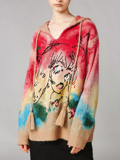 Anime Embroidered Tie-Dye Hooded Sweater - Sweaters & Knitwear