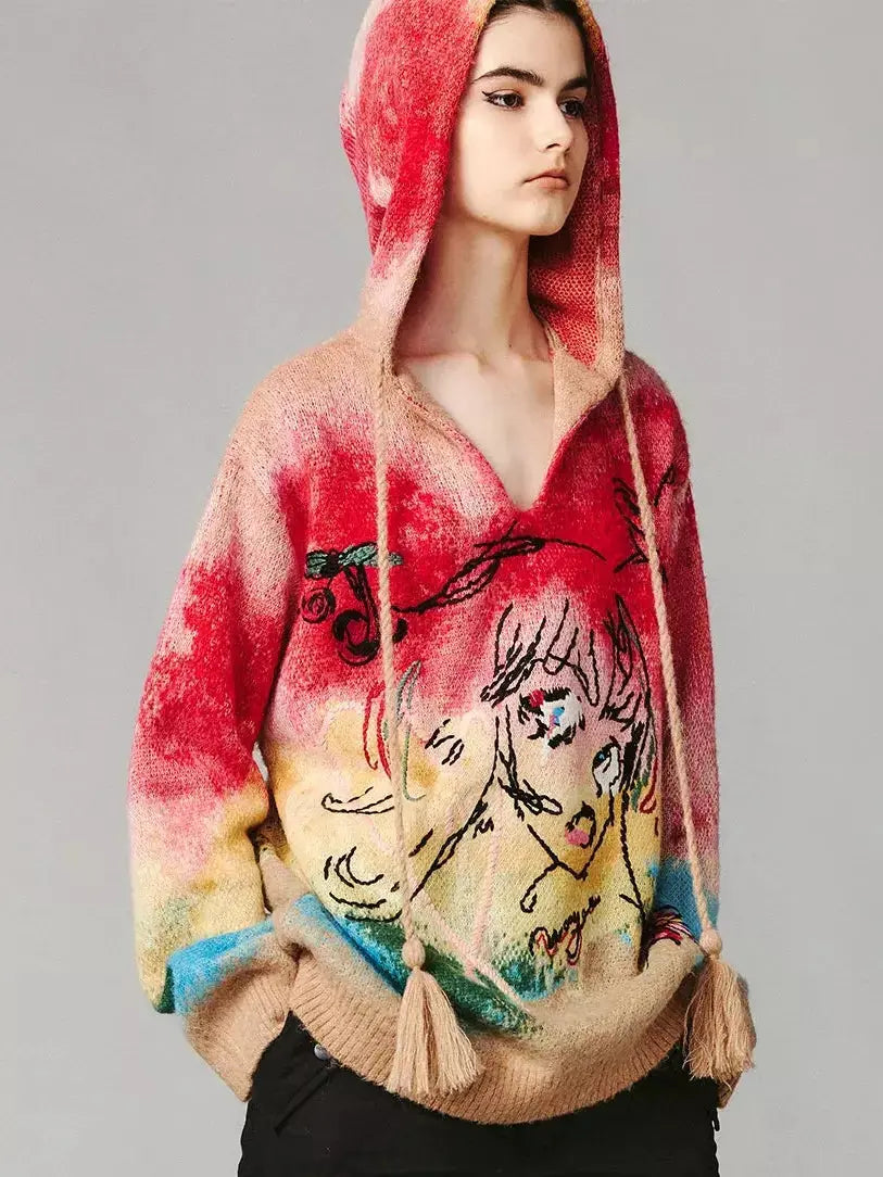 Anime Embroidered Tie-Dye Hooded Sweater - Sweaters & Knitwear