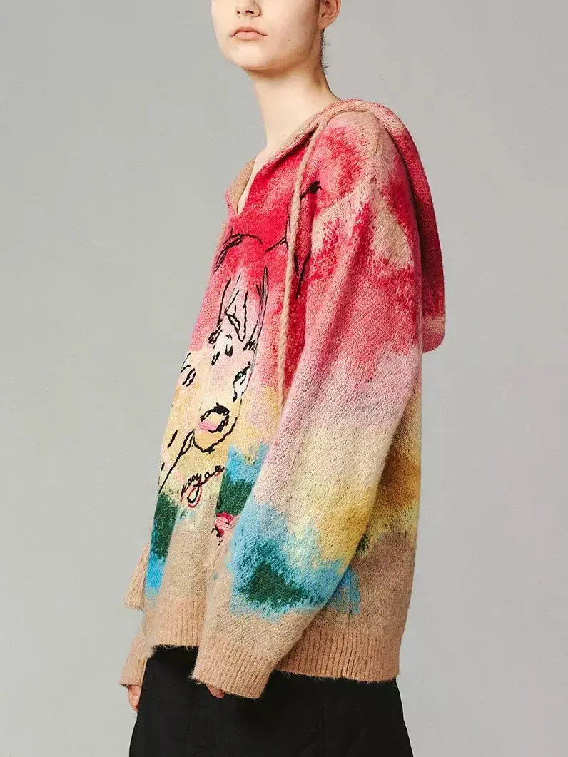 Anime Embroidered Tie-Dye Hooded Sweater - Sweaters & Knitwear