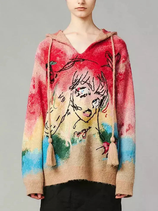 Anime Embroidered Tie-Dye Hooded Sweater - Sweaters & Knitwear