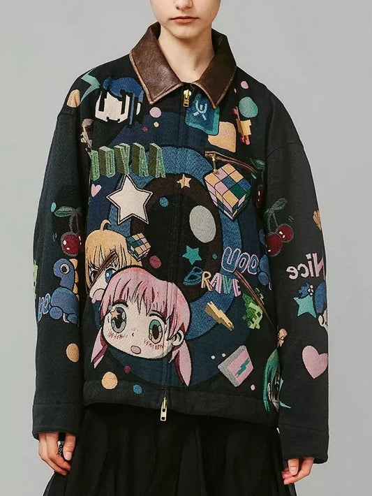 Anime Printed Jacket with Quilted lining and Vegan-Leather Trim - Jackets