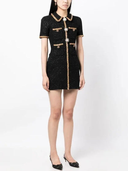 Appliqué-Detail Black Knitted Mini Dress - Dresses