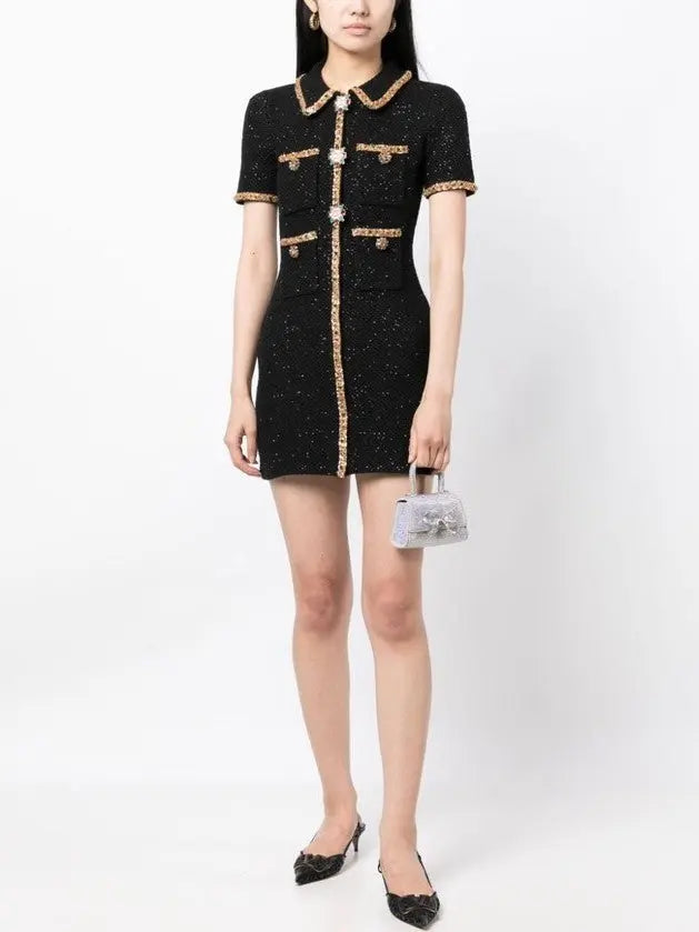 Appliqué-Detail Black Knitted Mini Dress - Dresses