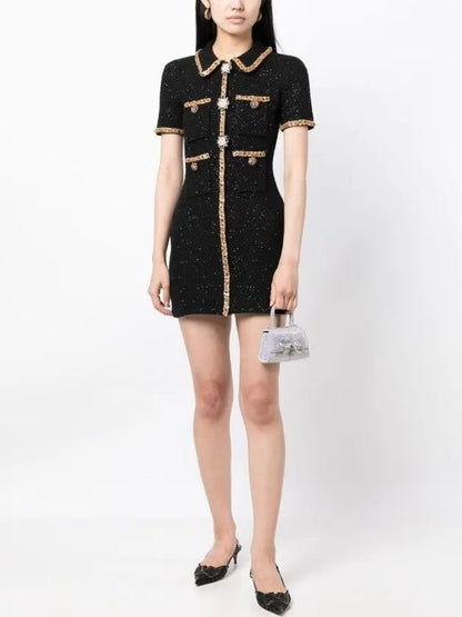 Appliqué-Detail Black Knitted Mini Dress - Dresses