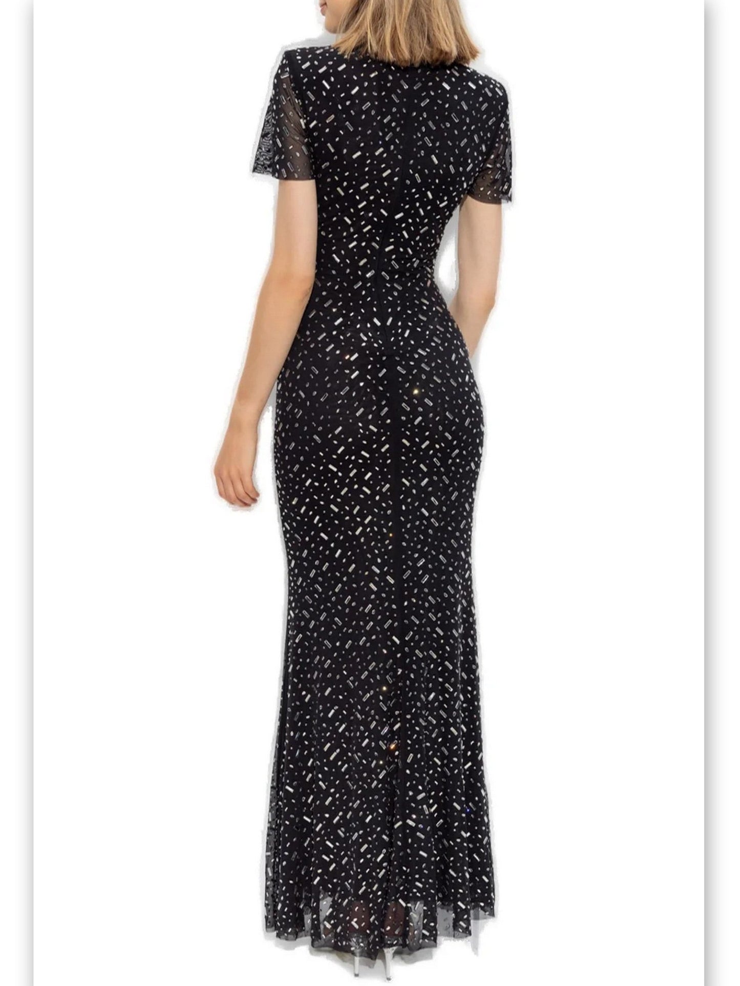 Applique-Embellished Long Mesh Black Gown - Dresses