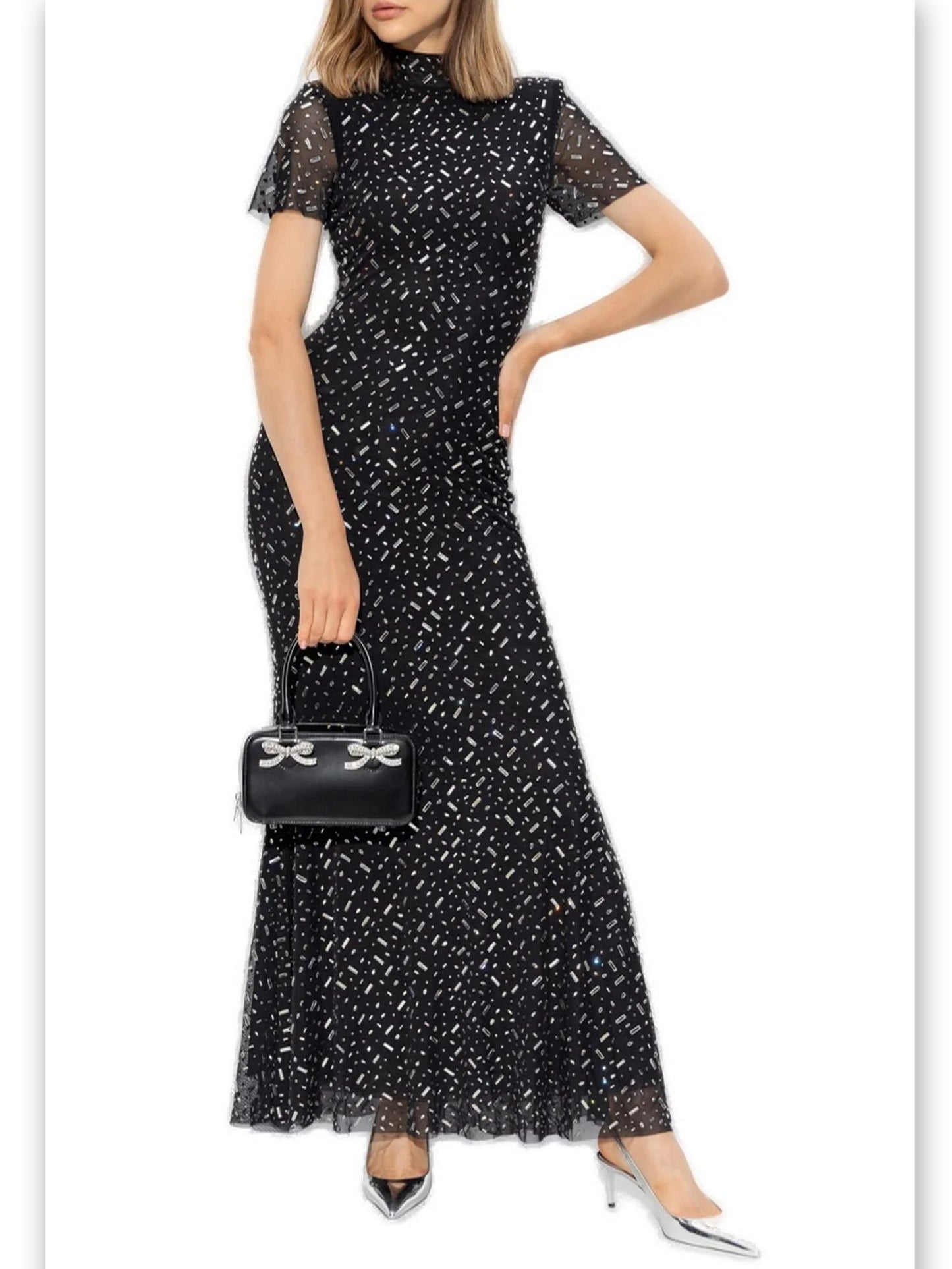 Applique-Embellished Long Mesh Black Gown - Dresses