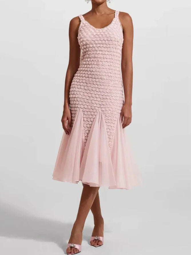Appliqued Flared Tulle-Paneled-Hem Midi Dress - Small - Dresses