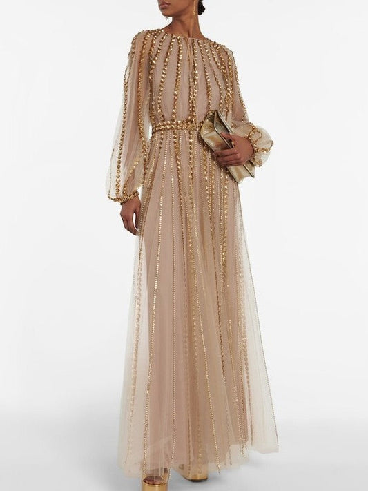 Appliques Embellished Long Tulle Gown - Dresses