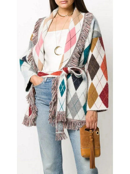 Argyle-Print Belted Fringe Cardigan - Sweaters & Knitwear