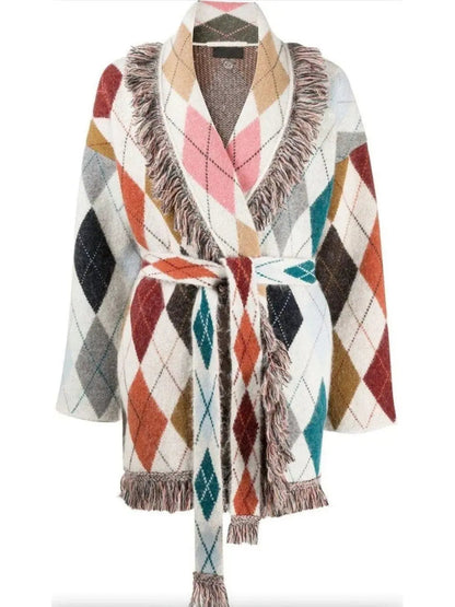 Argyle-Print Belted Fringe Cardigan - Sweaters & Knitwear