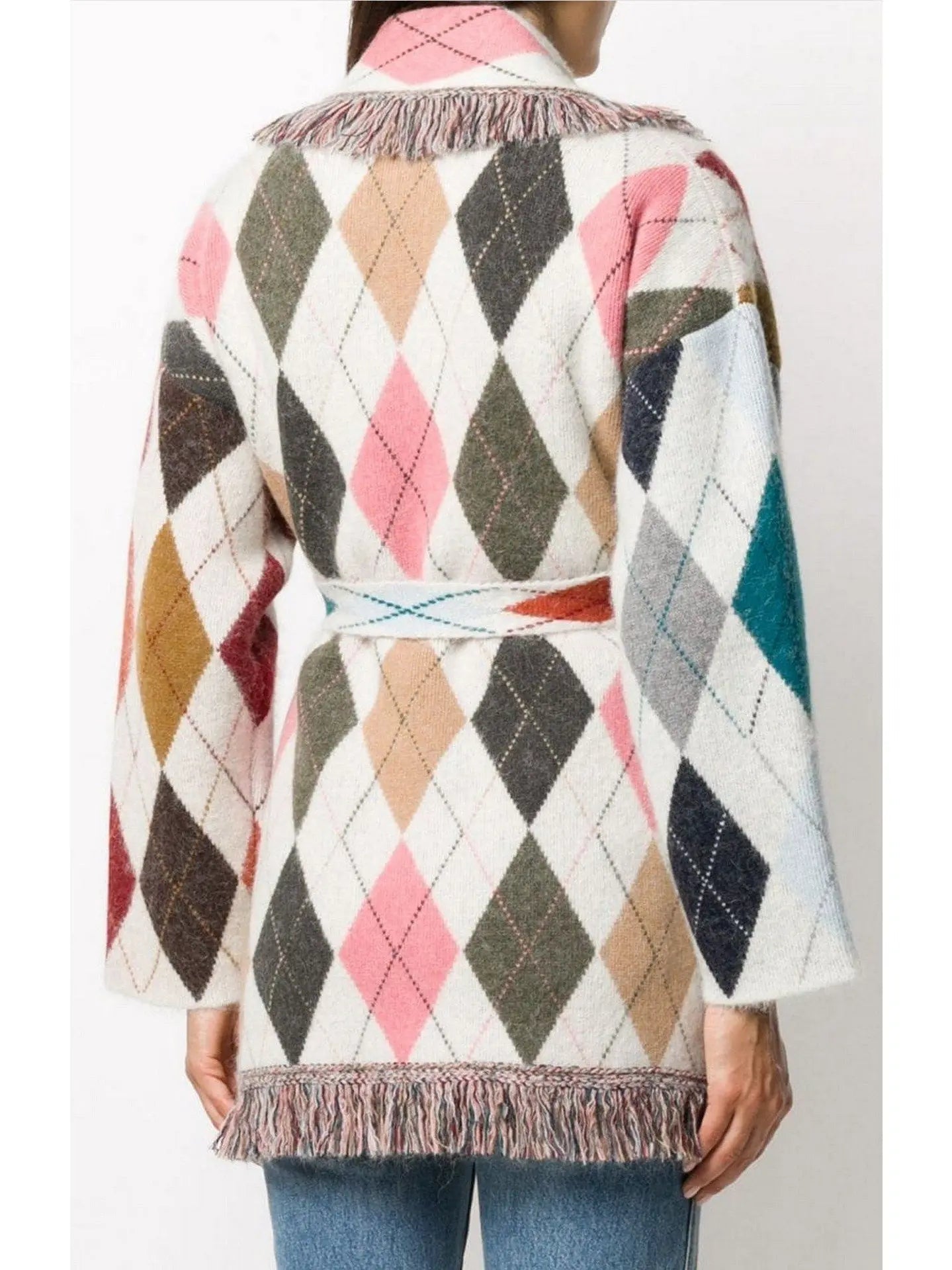 Argyle-Print Belted Fringe Cardigan - Sweaters & Knitwear