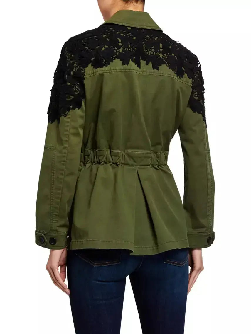 Army Green Utility Jacket with Black Lace Crochet Embroidery - Jackets