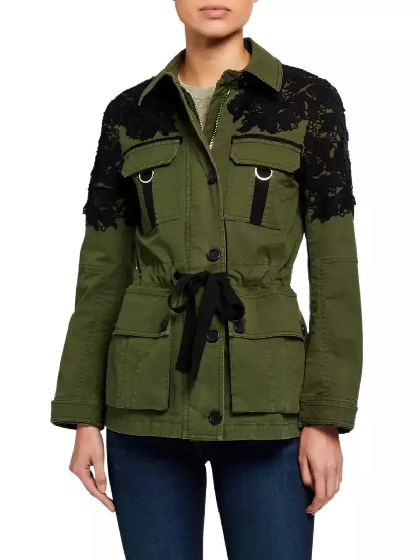 Army Green Utility Jacket with Black Lace Crochet Embroidery - Jackets