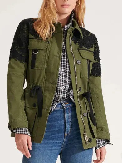 Army Green Utility Jacket with Black Lace Crochet Embroidery - Jackets