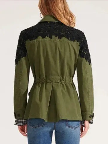 Army Green Utility Jacket with Black Lace Crochet Embroidery - Jackets