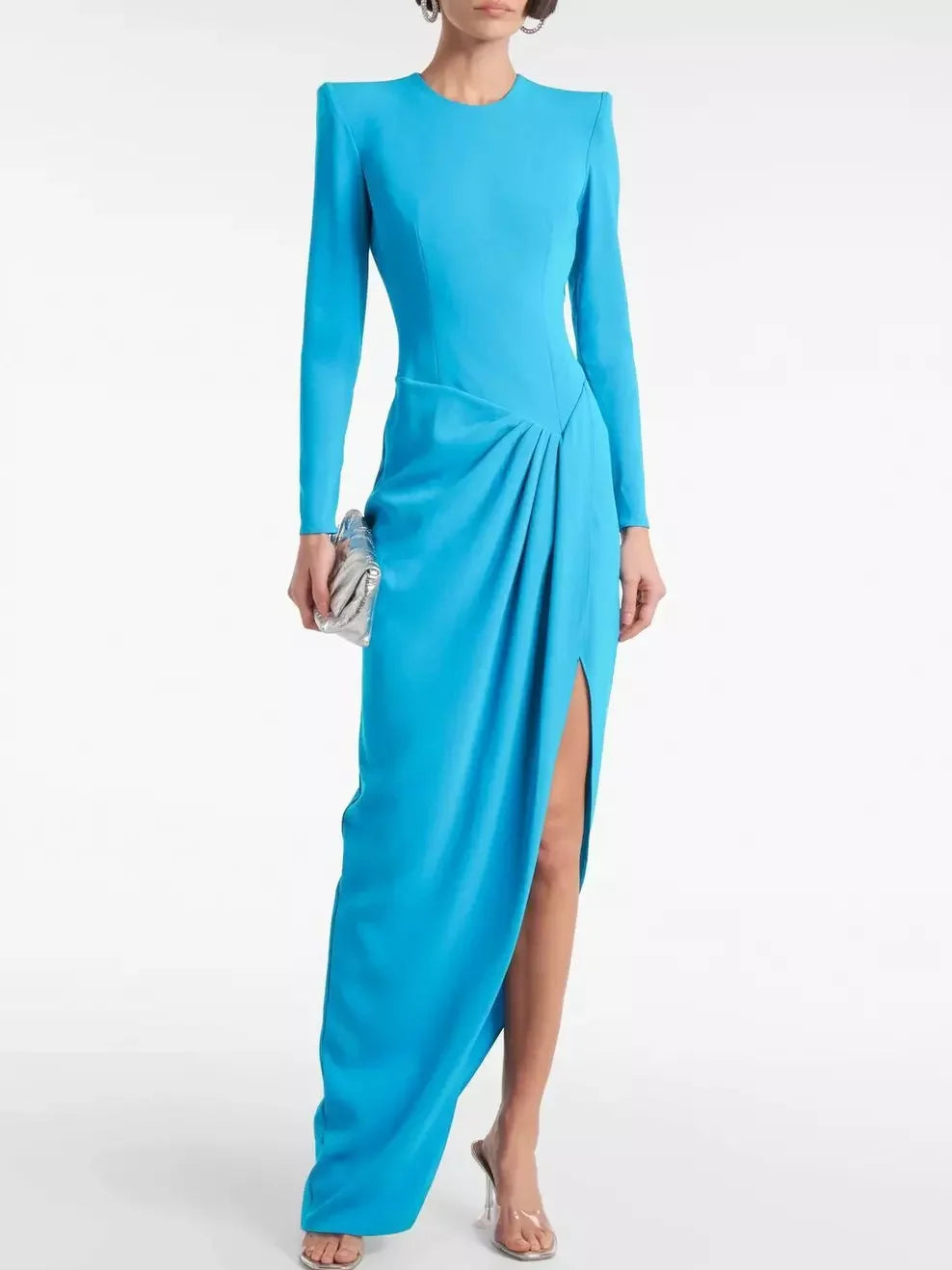 Asymmetric Blue Draped Crepe Maxi Dress - Small - Dresses