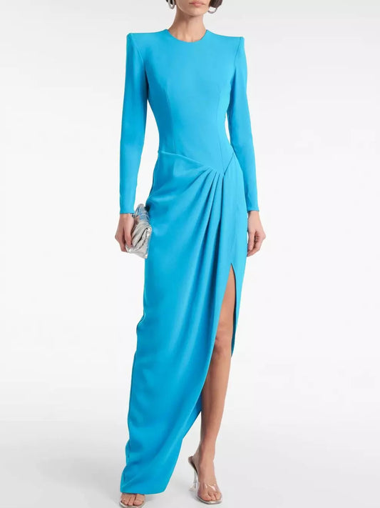 Asymmetric Blue Draped Crepe Maxi Dress - Dresses